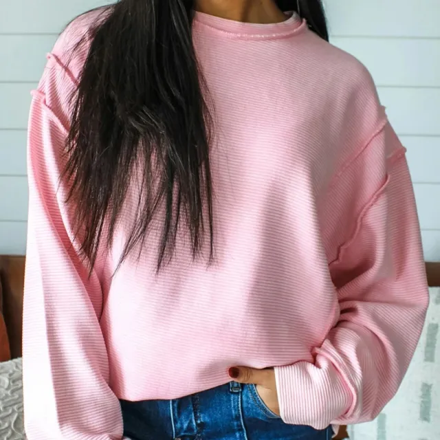 Women's Solid Color Design Round Neck Drop Shoulder Long Sleeve Sweatshirt Pink - Shop at LoveMi