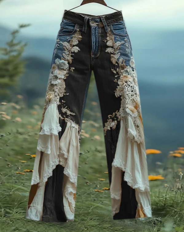 Women's Leisure Fashion Retro Print High-Waisted Pants, Comfortable Fake Jeans That Can Slim The Legs