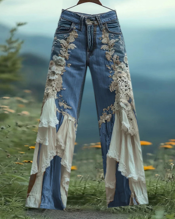 Women's Leisure Fashion Retro Print High-Waisted Pants, Comfortable Fake Jeans That Can Slim The Legs