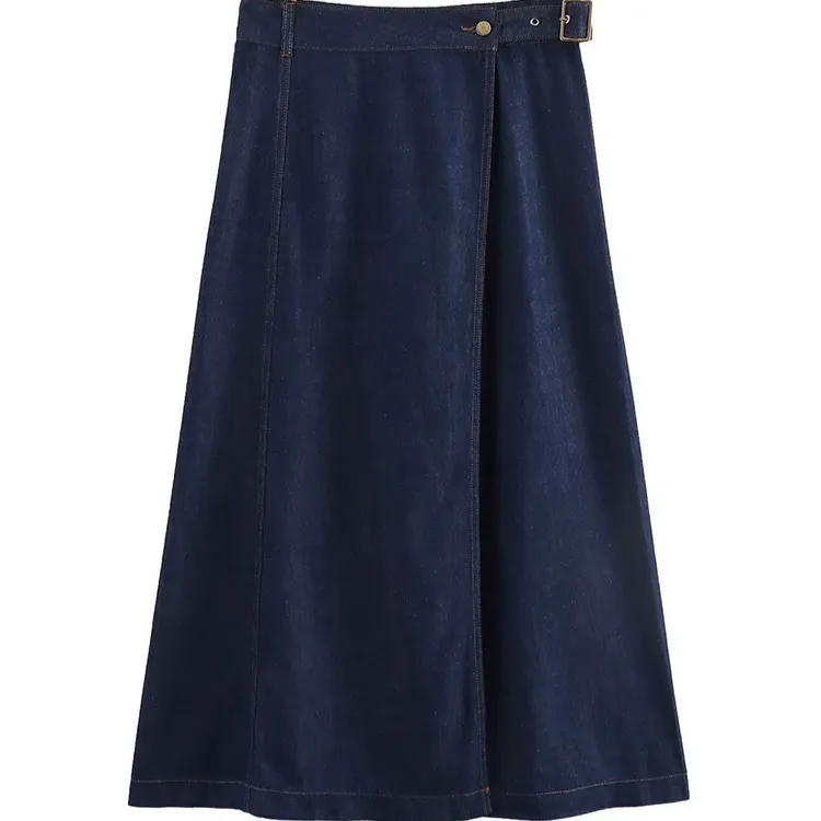 High-waist Asymmetric Slit A-line Denim Midi Skirt For Women - Dark Blue