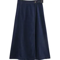 High-waist Asymmetric Slit A-line Denim Midi Skirt For Women - Dark Blue - View 1