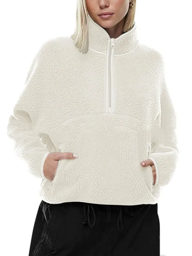 Autumn And Winter Semi zip Stand Collar Pocket Sweatshirt Top Apricot - Shop at LoveMi