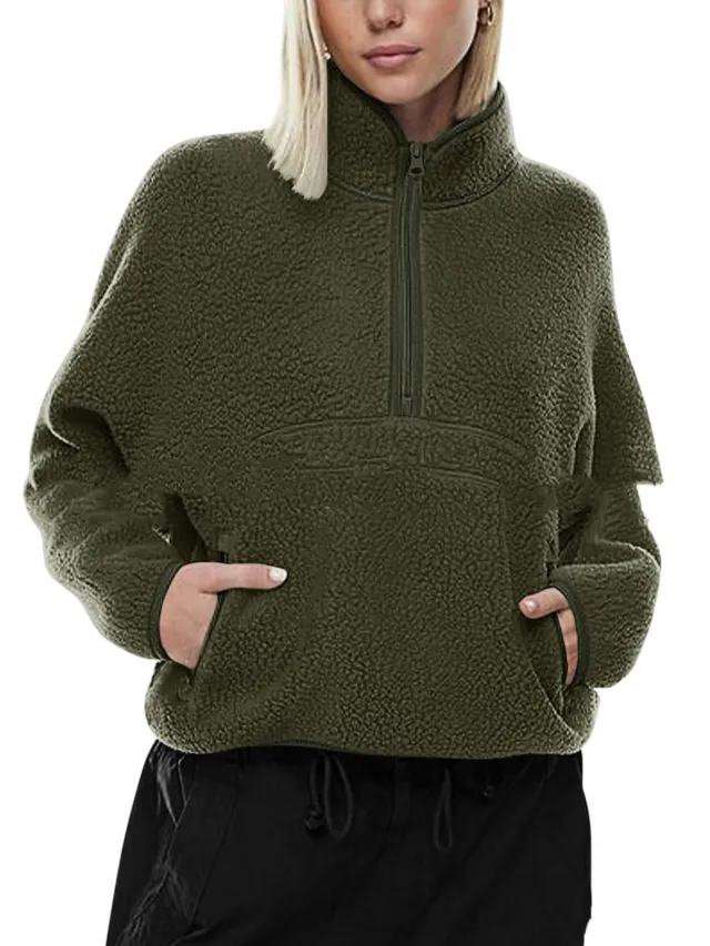 Autumn And Winter Semi zip Stand Collar Pocket Sweatshirt Top Army Green - Shop at LoveMi