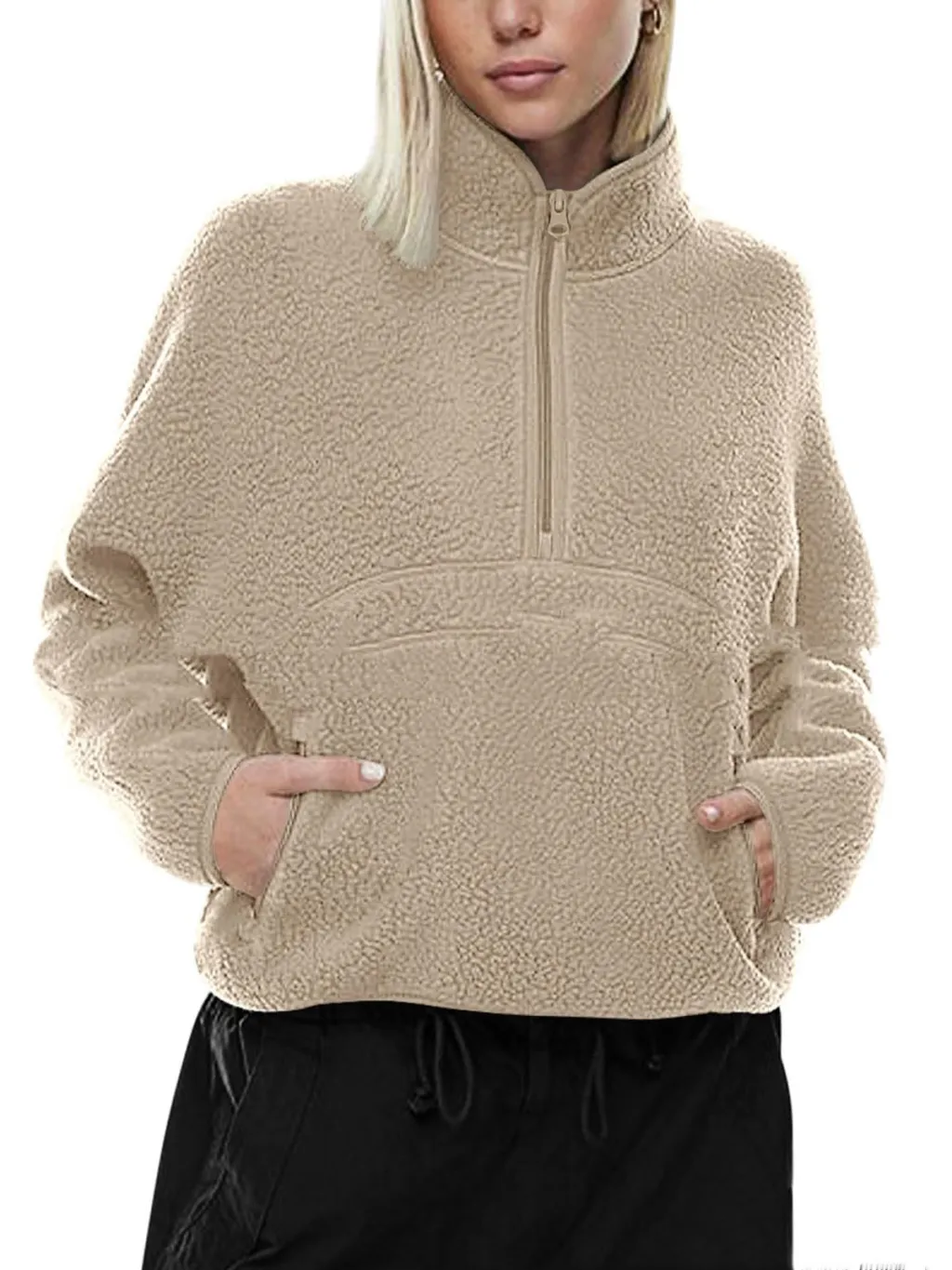 Autumn And Winter Semi-zip Stand Collar Pocket Sweatshirt Top - Khaki