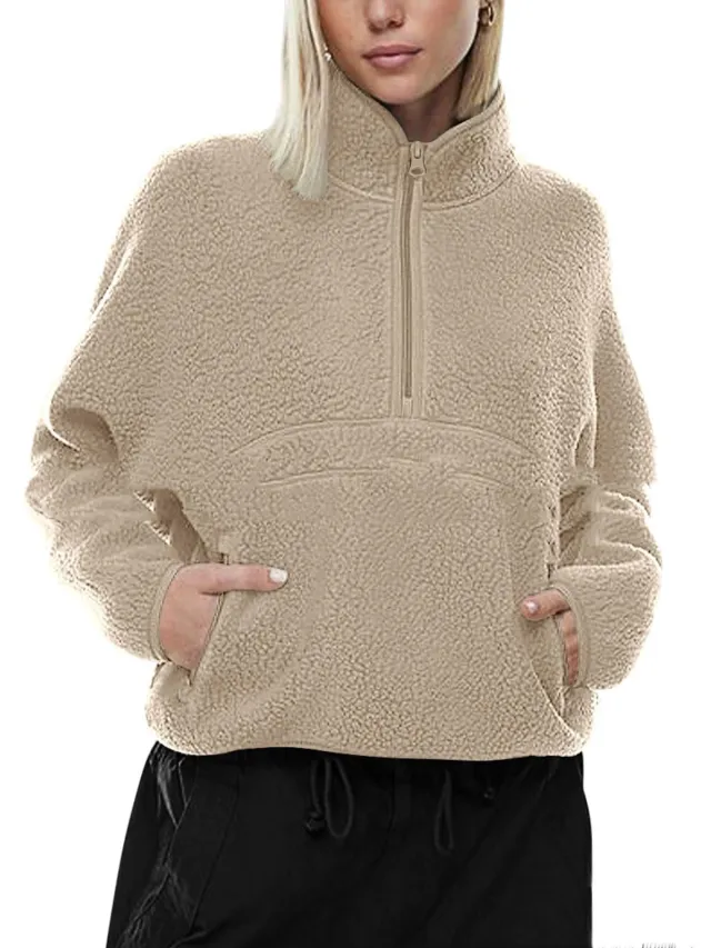 Autumn And Winter Semi zip Stand Collar Pocket Sweatshirt Top Khaki - Shop at LoveMi