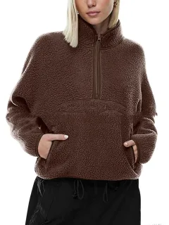 Autumn And Winter Semi-zip Stand Collar Pocket Sweatshirt Top - Brown - View 1