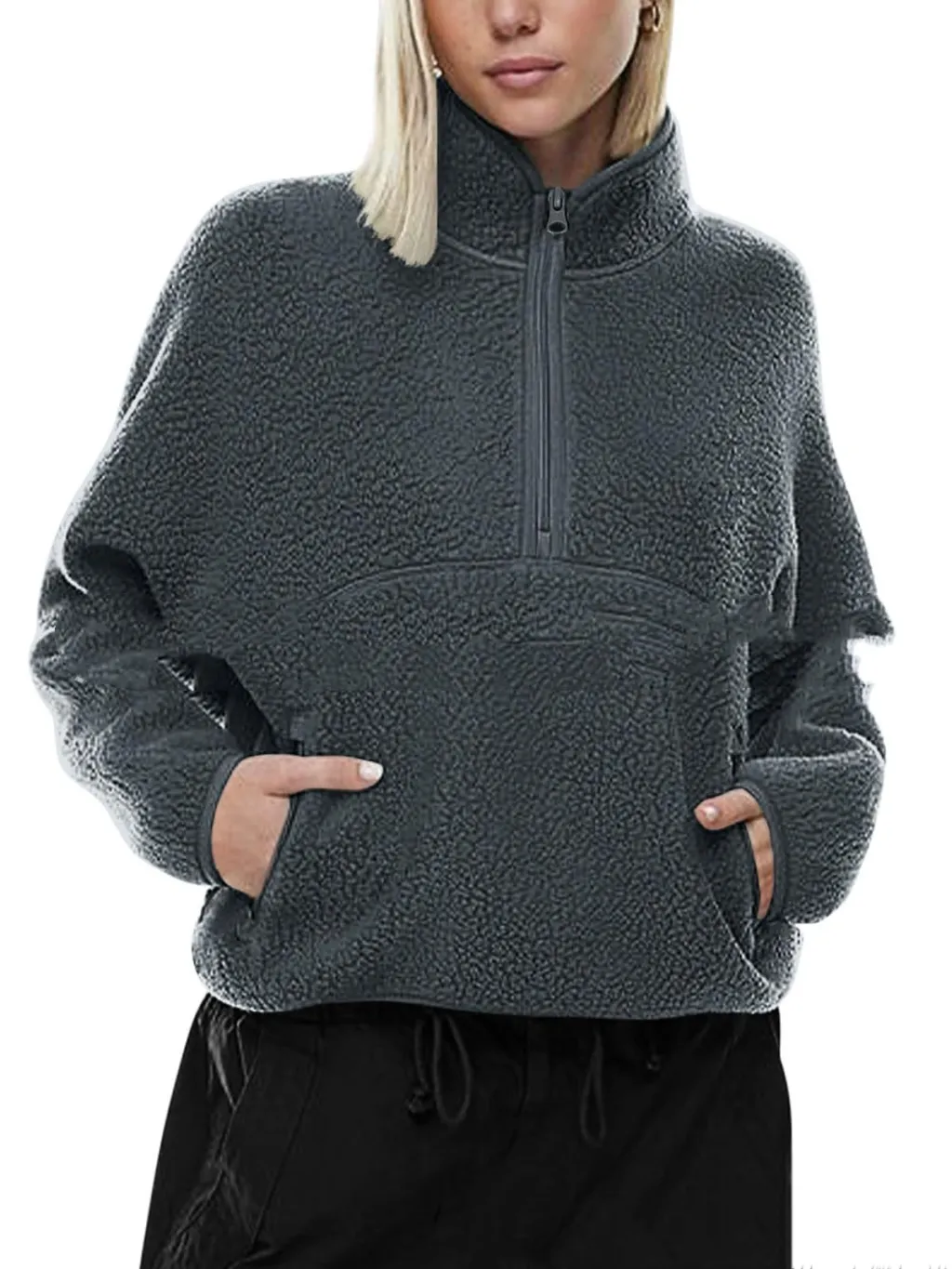 Autumn And Winter Semi-zip Stand Collar Pocket Sweatshirt Top - Dark Gray