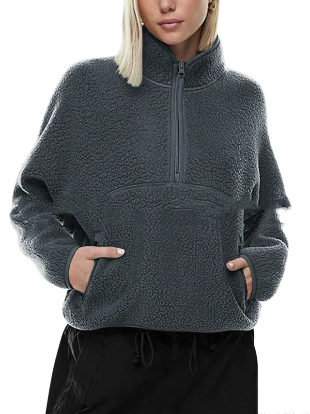 Autumn And Winter Semi zip Stand Collar Pocket Sweatshirt Top Dark Gray - Shop at LoveMi