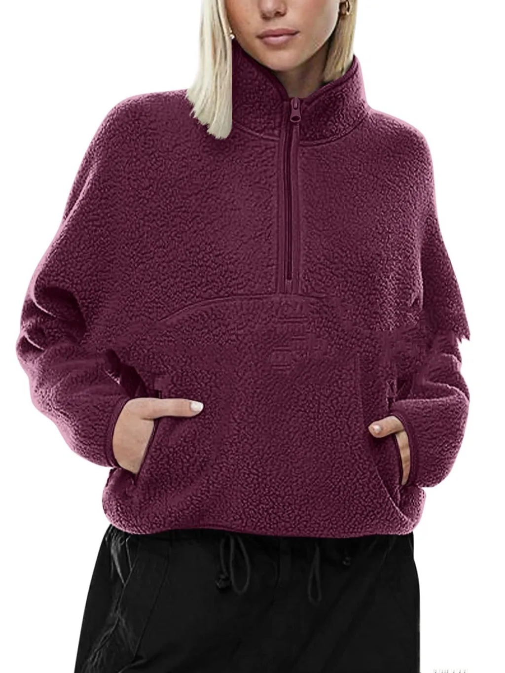 Autumn And Winter Semi-zip Stand Collar Pocket Sweatshirt Top - Wine Red