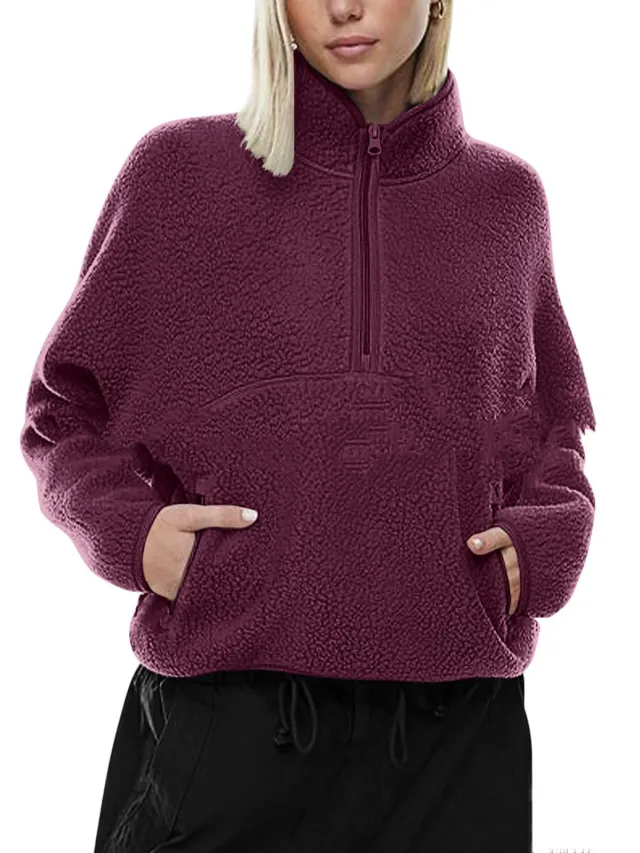 Autumn And Winter Semi zip Stand Collar Pocket Sweatshirt Top Wine Red - Shop at LoveMi