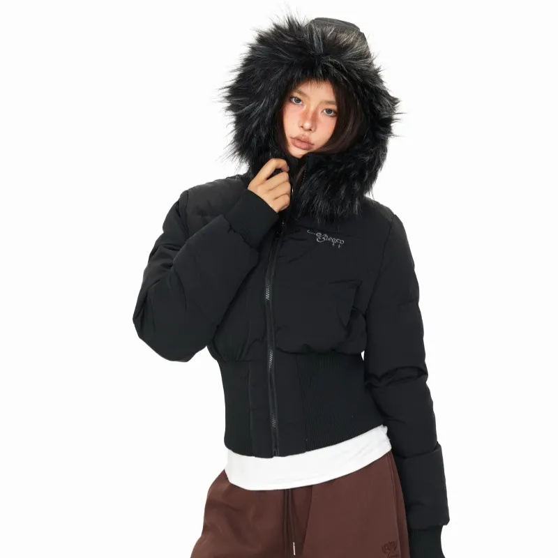 Printed Fur-collar Hooded Cotton Coat Women's Winter American Slim Fit - Black