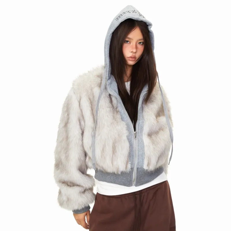 Faux Fur Letter Hooded Thick Cotton Coat For Women Winter - Silver White