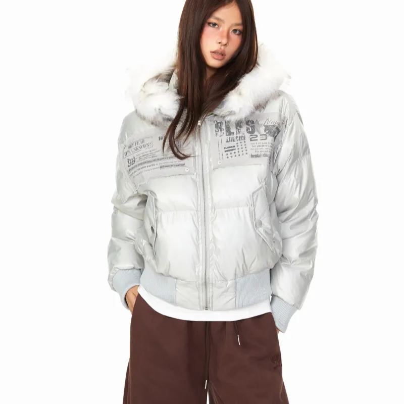 Personality Patch Fur Collar Hooded Cotton Coat Women's Winter American Style - Silver Gray
