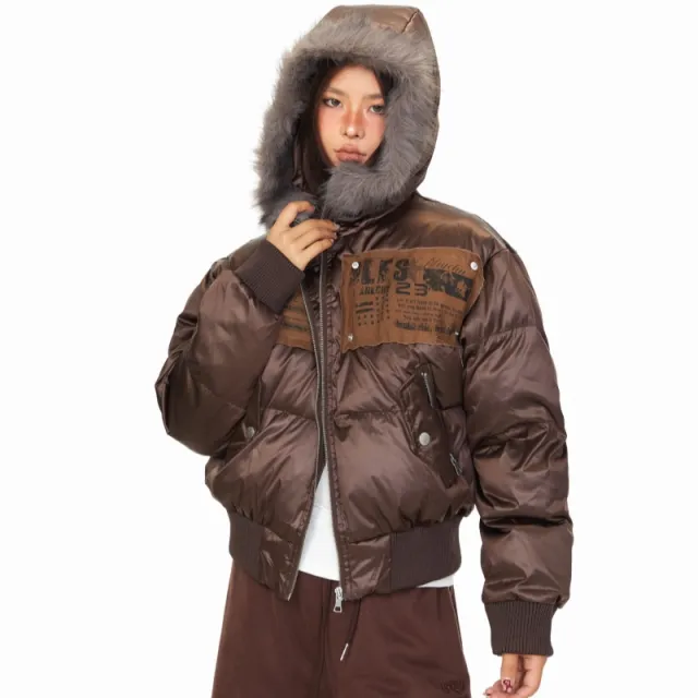 Personality Patch Fur Collar Hooded Cotton Coat Women's Winter American Style Brown - Shop at LoveMi