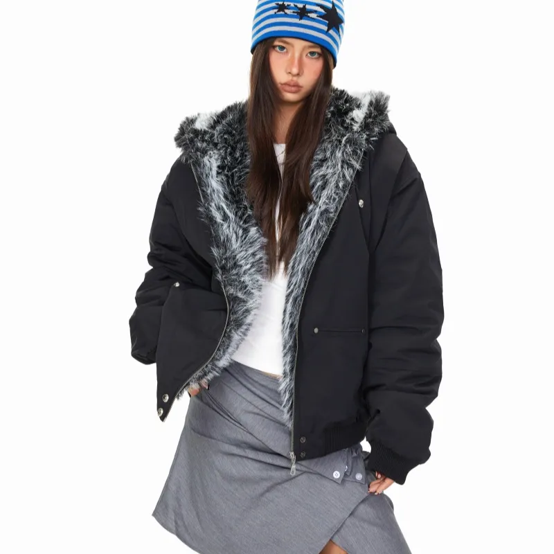 Personality Fur Collar Hooded Cotton Jacket Winter American Retro Loose - Black