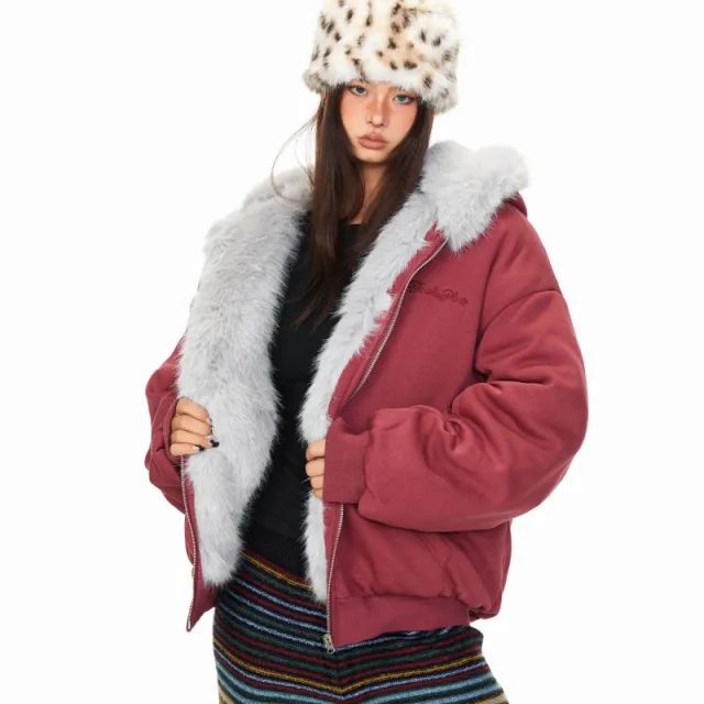 Hooded Cotton Winter American High Street Loose Thickened Warm Wine Red - Shop at LoveMi
