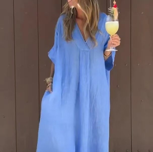 Washed Cotton Casual Short Sleeve V neck Dress Blue - Shop at LoveMi