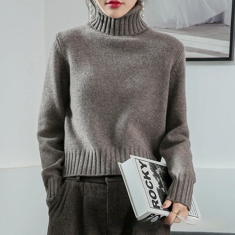 Women's High-neck Loose Slim-fit Lapel Wool Sweater Base Layer - Brown