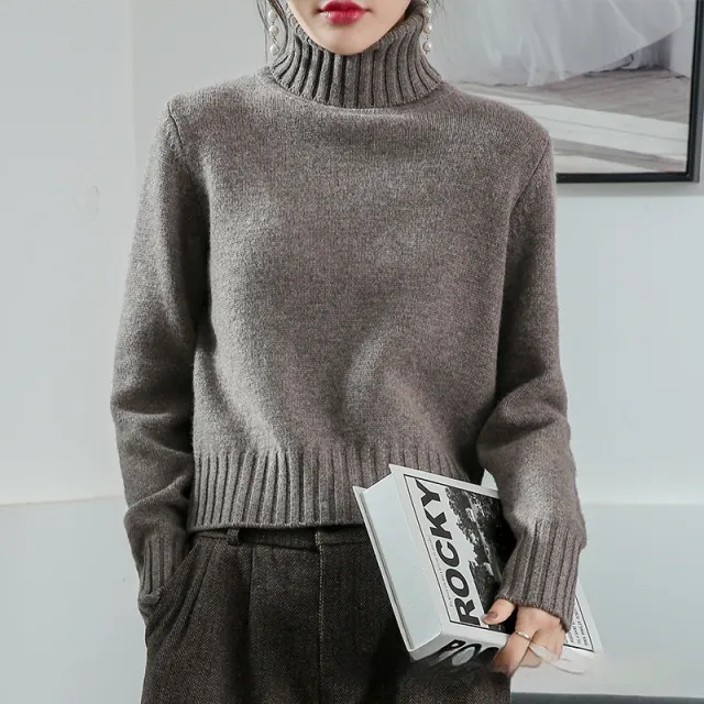 Women's High neck Loose Slim fit Lapel Wool Sweater Base Layer Brown - Shop at LoveMi