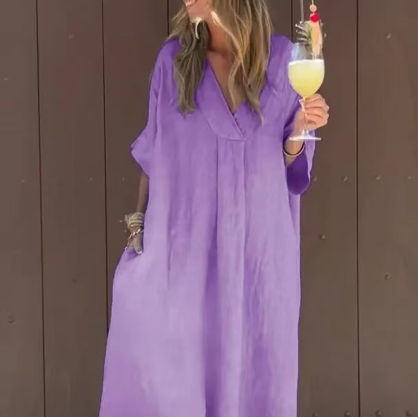 Washed Cotton Casual Short Sleeve V neck Dress Purple - Shop at LoveMi