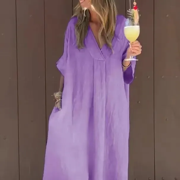 Washed Cotton Casual Short Sleeve V neck Dress Purple - Shop at LoveMi