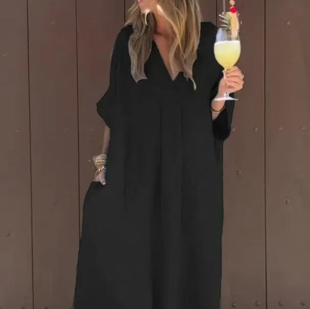 Washed Cotton Casual Short Sleeve V neck Dress Black - Shop at LoveMi