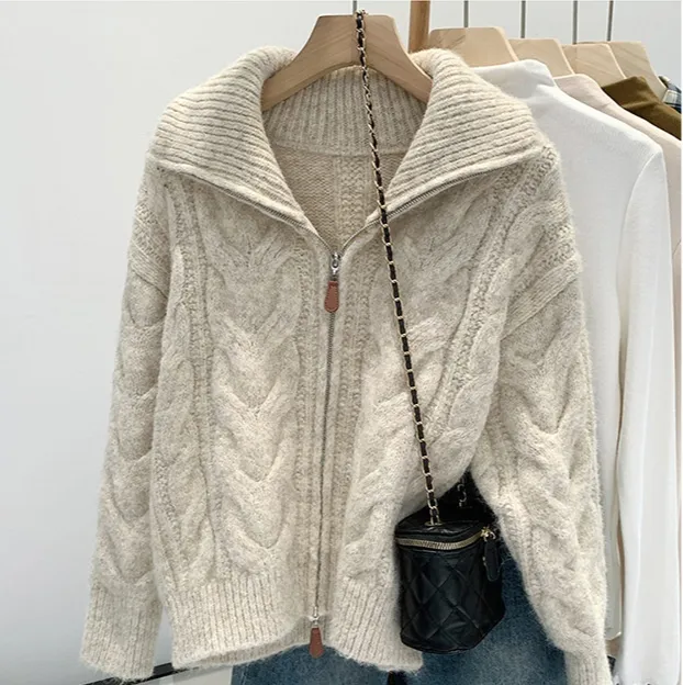 Korean style Double Zipper Cable Knit Sweater Coat For Women Apricot - Shop at LoveMi