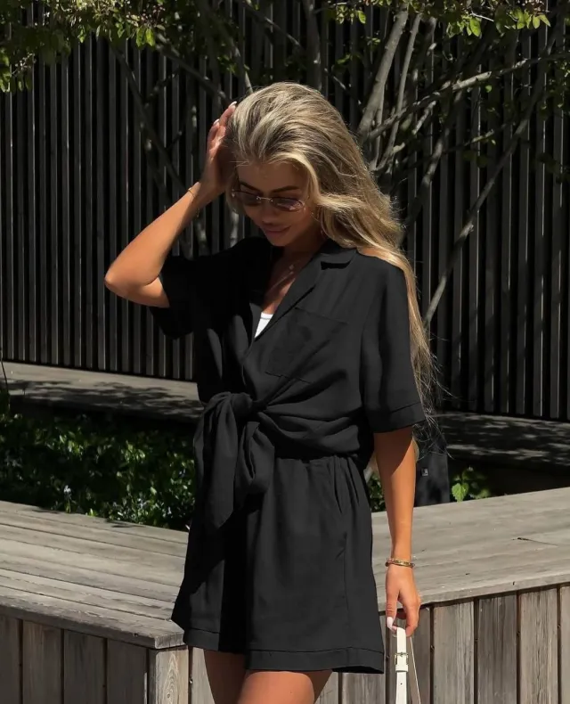 Women's Short sleeved Shorts Jumpsuit Lace up Turn down Collar Solid Color Clothing Summer Black - Shop at LoveMi