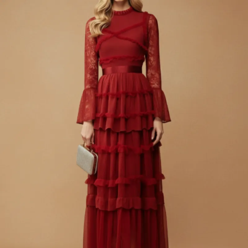Red Embroidered Lace Dress - Red