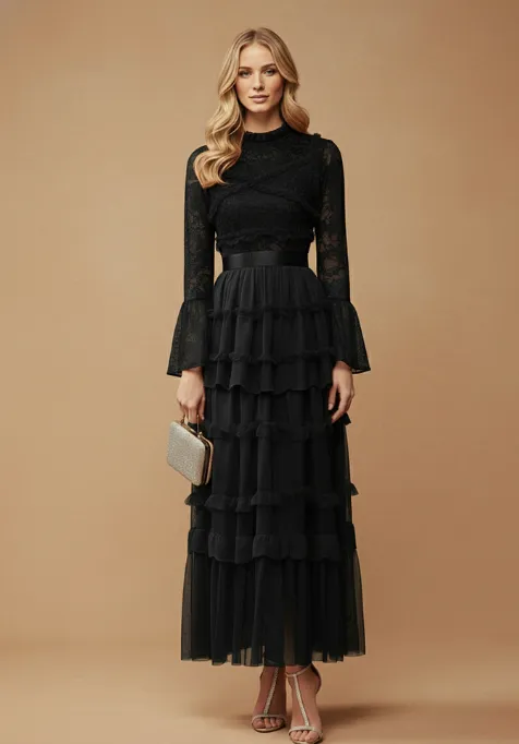 Red Embroidered Lace Dress - Black
