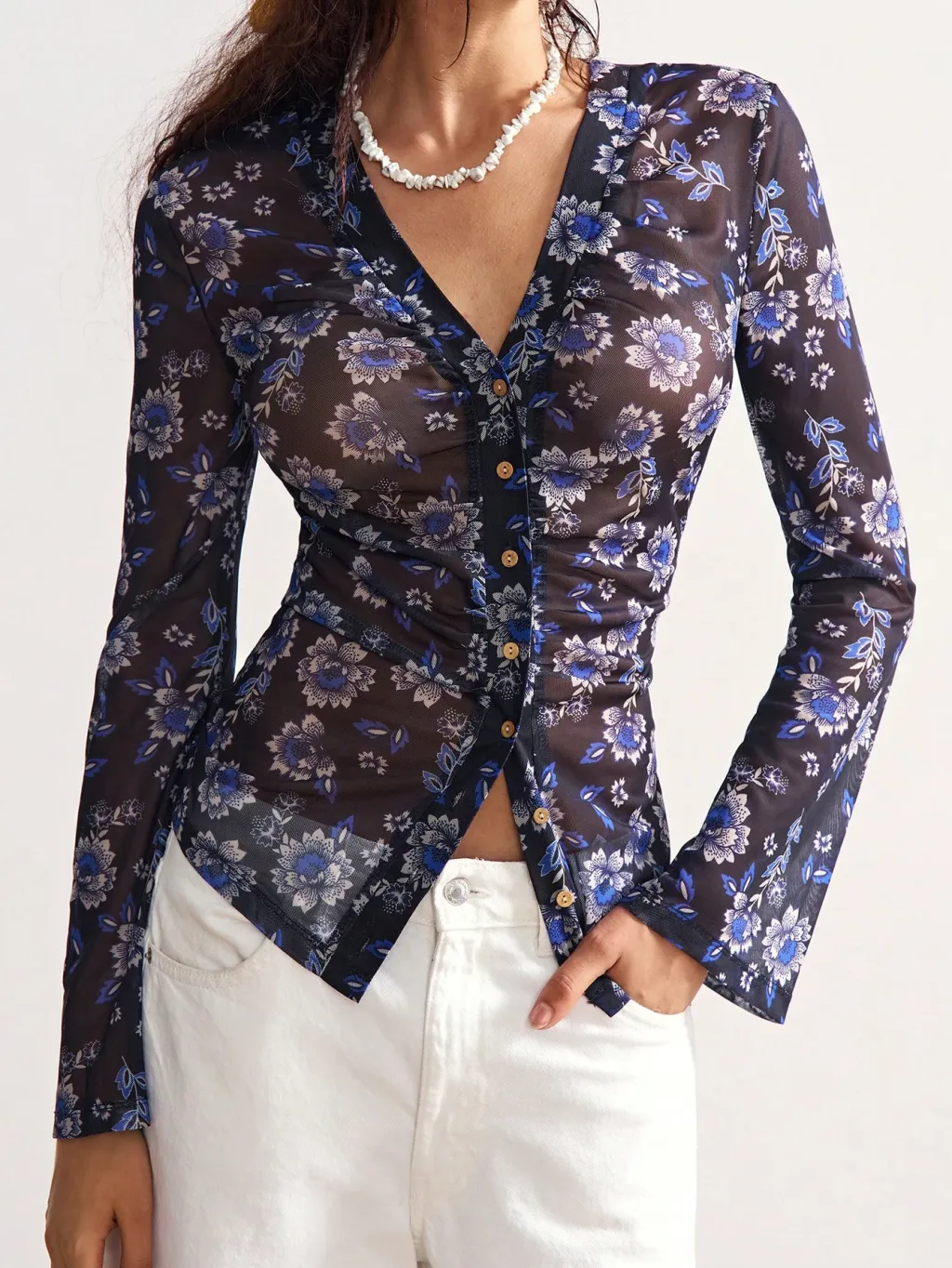 European And American Printed Shirt Women's Slim Fit Slimming Retro Temperament - Blue