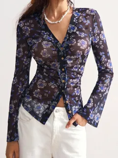 European And American Printed Shirt Women's Slim Fit Slimming Retro Temperament - Blue - View 1