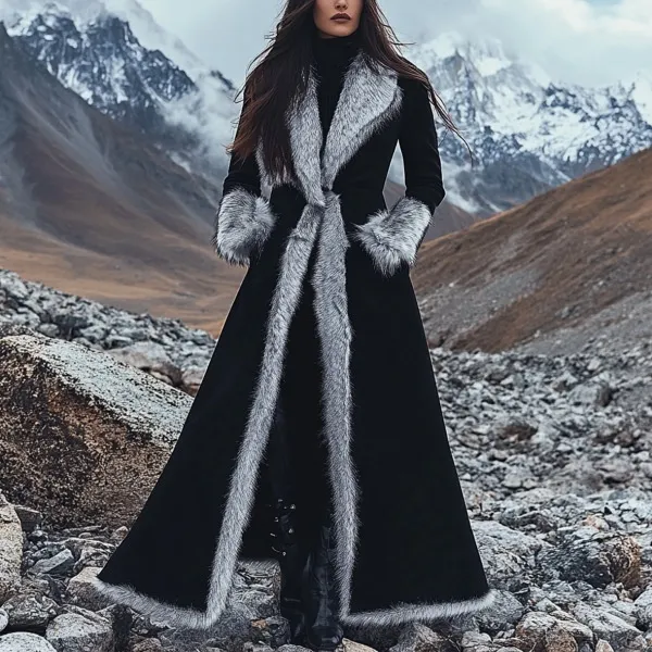 Winter Women's Retro Black Ethnic Style Faux Fur Trim Suede Long Coat - Black