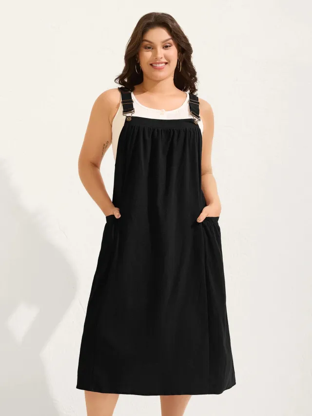 Loose And Slimming Pure Cotton Casual Pleated Dress Black - Shop at LoveMi