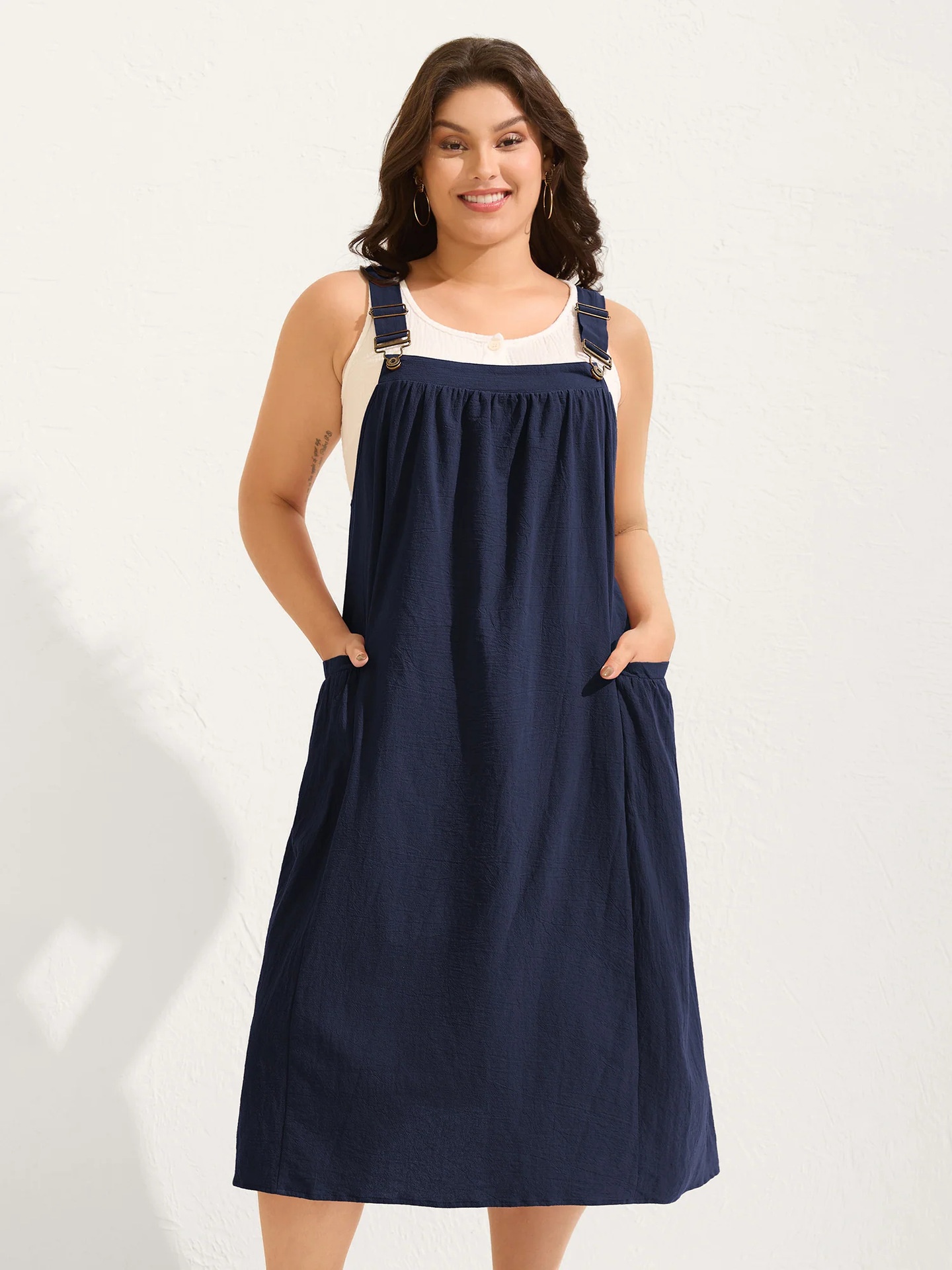 Loose And Slimming Pure Cotton Casual Pleated Dress Navy Blue - Shop at LoveMi
