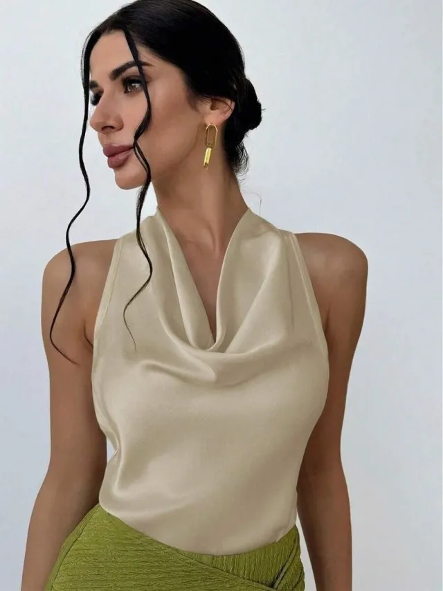 Women Solid Color Swing Collar Sleeveless Vest Trendy Elegant Shirt With Halter Neckline Backless Short Sleeve Tops Tshirts Apricot - Shop at LoveMi
