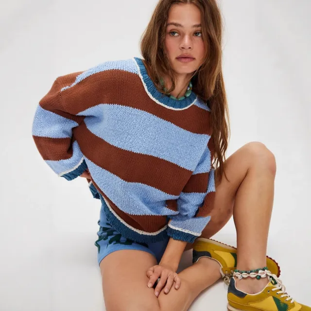 Women's Fashion Loose Color block Striped Sweater Brown - Shop at LoveMi
