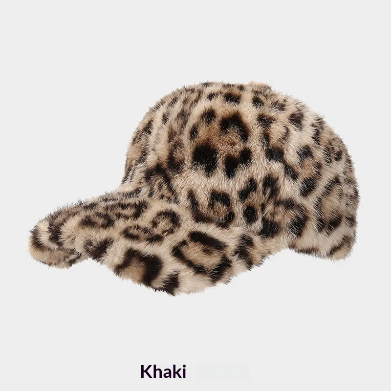 New Plush Leopard Print Warm Baseball Cap - Khaki