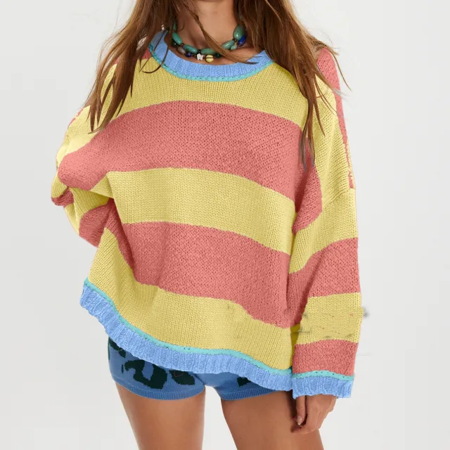 Women's Fashion Loose Color block Striped Sweater Yellow - Shop at LoveMi