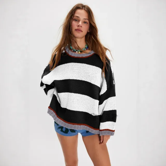 Women's Fashion Loose Color block Striped Sweater White - Shop at LoveMi