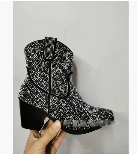 Pointed High Heel Chunky Heel Sequins Hot Rhinestone Fashion Plus Size Ankle Boots Black - Shop at LoveMi