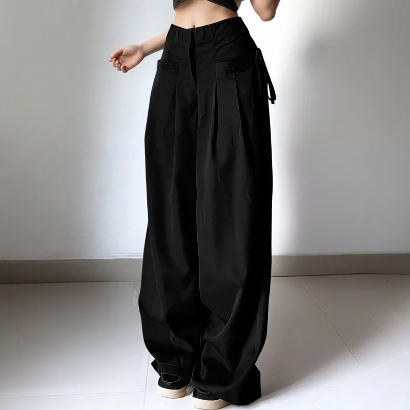 Retro Street Low Waist Loose Wide Leg Pants - Black