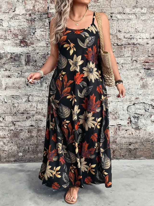 Women's Casual Spaghetti Strap Pocket Printed Long Dress Black - Shop at LoveMi