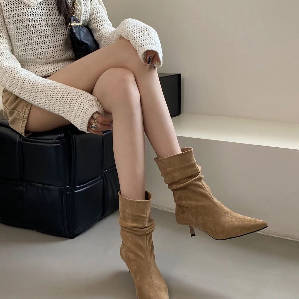 Women's Autumn Winter Pointed Toe High Heel Slimming Mid-Calf Boots - Khaki