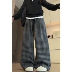 Loose And Versatile Fleece Plaid Wide-leg Pants For Women - Black Gray - View 1