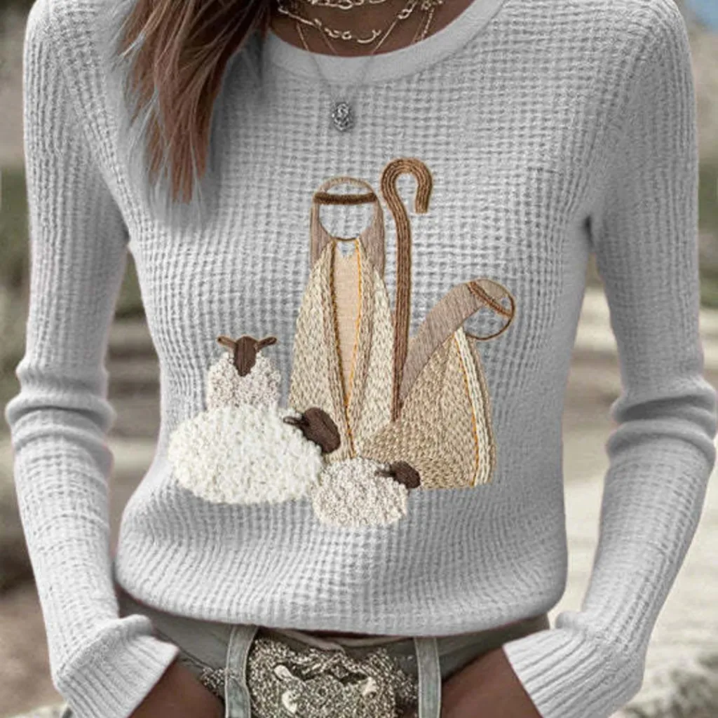 Women's Versatile Casual Blended Jacquard Embroidered Long-sleeve Sweater - Wy04111406
