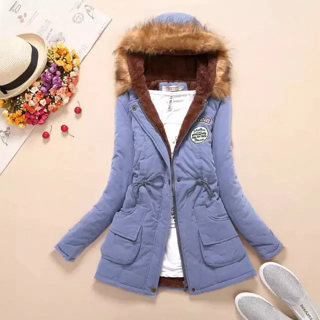Women's long sleeve lamb wool cotton coat - Light Blue