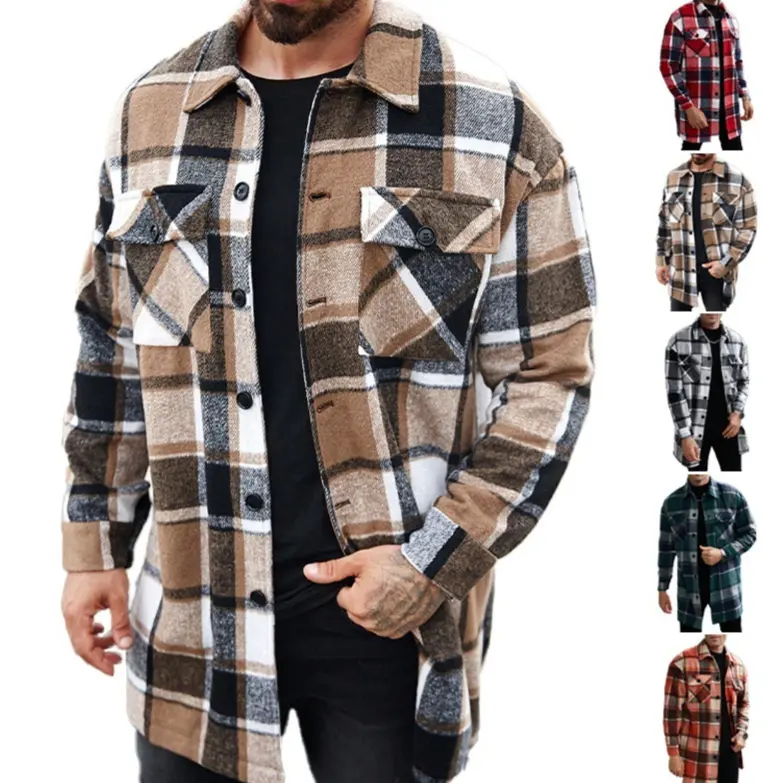 Men's Long Casual Button Shirt Jacket With Double Pockets