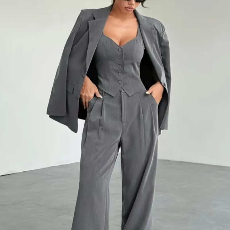 A Three-piece Solid Color Women's Front-buttoned Long-sleeved Pocket Lapel Top - Gray