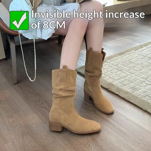 Height increasing 8cm Round Toe Chunky Heel Slimming High Shaft Ankle Boots Khaki - Shop at LoveMi